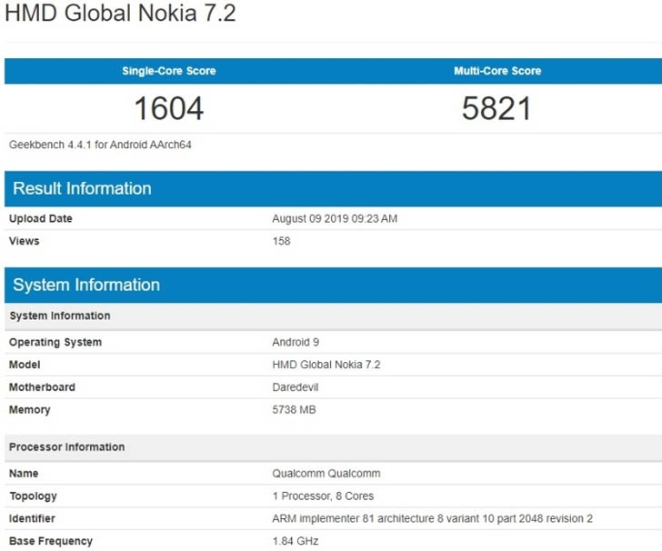 Смартфон Nokia 7.2 засветился в бенчмарке Geekbench