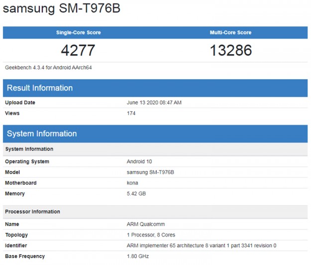 Планшет Samsung Galaxy Tab S7+ показался в Geekbench с чипом Snapdragon 865