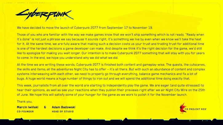 Cyberpunk 2077 снова отложен, но первые обзоры уже через неделю