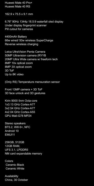 ВСЕ характеристики Huawei Mate 40 Pro, Mate 40 Pro+ и Mate 40 RS